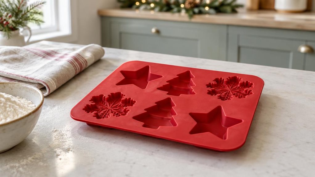 A photograph of a single festive silicone mould resting on a pale kitchen counter, composed as a horizontal 16:9 landscape scene. The mould is the clear hero: a flexible red silicone tray with several cheerful holiday-shaped cavities, including stars, trees, and snowflakes, its softly matte surface catching the window light. Nearby, a folded linen tea towel and a small bowl of flour suggest a well-used home baking space without distracting from the product. The scene feels ca