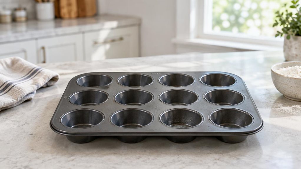 A photograph of a single classic dark-gray muffin tin resting on a pale stone countertop in a bright, modern home kitchen. The tin is centered in a horizontally composed 16:9 landscape scene, its twelve rounded wells clearly visible, with a subtle matte sheen and realistic signs of everyday use. Nearby, a folded linen tea towel and a small bowl of flour add a casual, lived-in touch without distracting from the product. Softly blurred kitchen cabinets and a sunlit window fill 