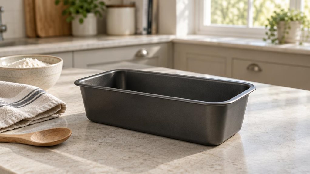A photograph of a single modern loaf tin resting on a pale stone kitchen counter, framed in a horizontally composed 16:9 landscape scene. The dark, nonstick metal tin is the clear hero, its clean rectangular shape and gently rounded corners catching the soft window light. Nearby, a folded linen tea towel, a wooden mixing spoon, and a small bowl of flour suggest a well-used home baking space without cluttering the composition. The setting feels casually observed, as though cap