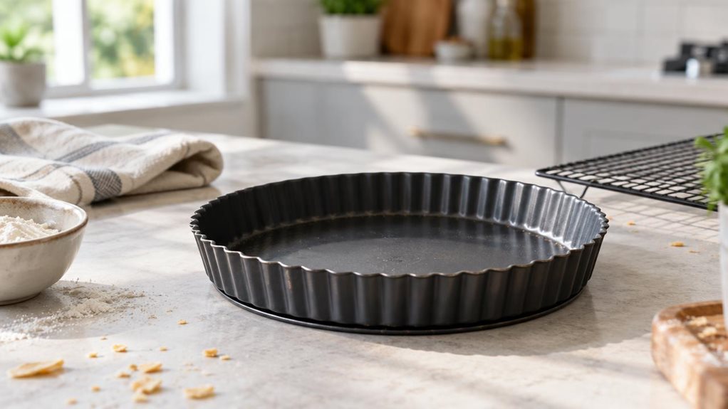 A photograph of a single 28 cm round quiche tin resting on a pale stone countertop in a bright, modern home kitchen. The tin has a realistic dark nonstick finish, gently fluted sides, and a removable base, with subtle signs of everyday use. A cooling rack and a folded linen tea towel sit nearby, while a few loose pastry crumbs and a small bowl of flour add an understated, lived-in touch. The tin is the clear hero, shown in its natural baking environment; nothing is being hand