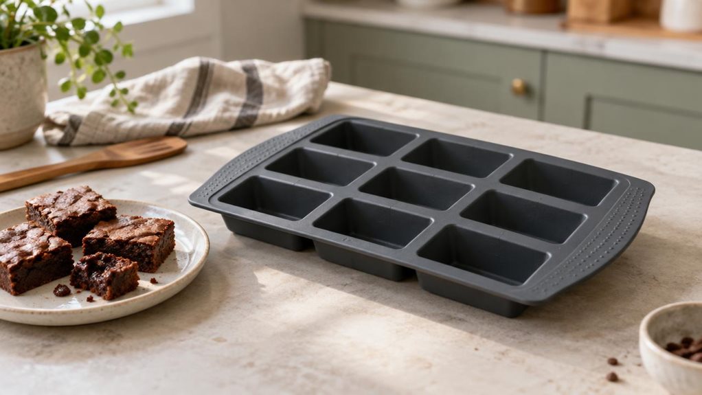 A photograph of a single dark charcoal silicone brownie mould resting on a pale stone kitchen counter, its neat rectangular cups and flexible, gently textured edges clearly visible. A few freshly baked brownies sit on a small ceramic plate nearby, with one casually broken open to reveal a soft, fudgy center. The mould is the hero of the scene, naturally placed in a calm, lived-in home kitchen with a folded linen tea towel and a wooden utensil just beyond it. Composed horizont