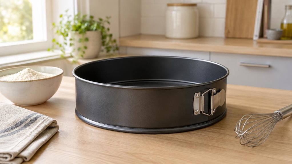 A photograph of a large 38 cm springform pan resting casually on a light oak kitchen counter in a bright, modern home kitchen, captured in a horizontally composed 16:9 landscape frame. The pan is the clear hero of the scene, shown in-situ among understated baking essentials: a folded linen towel, a small bowl of flour, and a whisk set nearby, as if someone paused mid-prep. Its matte dark nonstick surface and clean metal latch are rendered with crisp detail, while the softly b