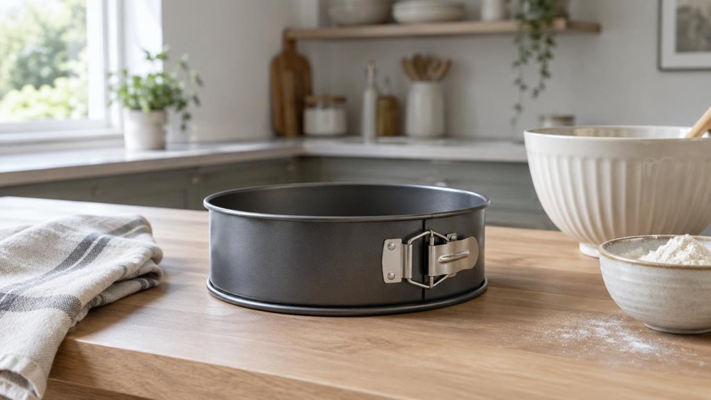 A photograph of a single springform cake tin resting casually on a light oak kitchen counter, framed in a horizontally composed 16:9 landscape scene. The tin is shown in-situ beside a folded linen tea towel, a small bowl of sifted flour, and a ceramic mixing bowl, suggesting a calm home baking environment without any visible action. The tin has a clean, matte finish with a removable base and a secure latch, rendered with realistic proportions and subtle reflections that catch