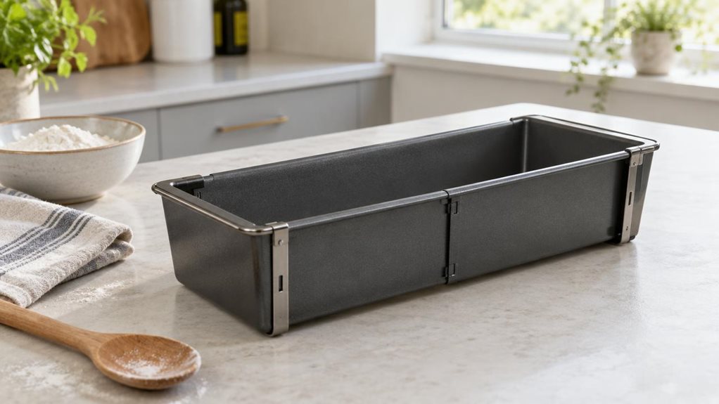 A photograph of a single expandable loaf tin resting on a pale stone countertop in a bright, lived-in home kitchen. The dark, nonstick-coated metal tin is shown fully extended, with its adjustable sides and secure sliding mechanism clearly visible; its clean, practical shape is the focus. Nearby, a folded linen tea towel, a wooden spoon, and a small bowl of flour suggest everyday baking without making the scene feel staged. The horizontally composed 16:9 landscape frame is ca