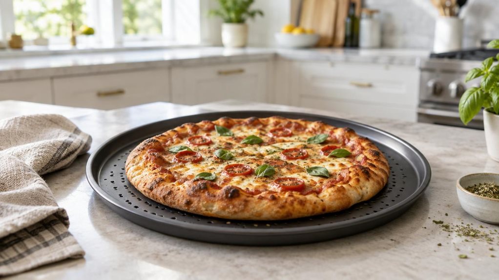 A photograph of a single round, dark nonstick pizza tray resting on a pale stone kitchen countertop, with a freshly baked golden pizza centered on it. The tray is the clear hero, its shallow rim and perforated surface visible around the crisp crust. A simple linen napkin and a small bowl of herbs sit nearby, adding a relaxed, lived-in feel without distracting from the product. In the softly blurred background, a bright, modern home kitchen with light cabinetry and a sunlit wi