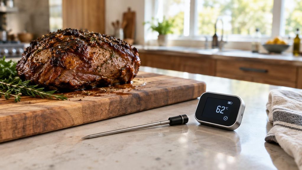 A photograph of a single smart wireless meat thermometer resting beside a wooden cutting board on a kitchen island, with a perfectly cooked roast nearby. The slender stainless-steel probe and compact, unbranded Bluetooth display are clearly visible, naturally arranged as if left there after a meal rather than deliberately staged. In the softly blurred background, a modern home kitchen has warm wood cabinetry and a sunlit window. Gentle natural light glints off the metal and b