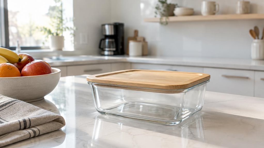 A photograph of a single clear glass food storage container with a fitted bamboo-style lid, placed casually on a clean quartz kitchen countertop in a bright, modern apartment kitchen. The scene is composed in a horizontal 16:9 landscape frame, with the container heroed in the foreground near a bowl of fresh fruit and a folded linen towel, suggesting everyday use without any staged action. Soft morning light spills in from a nearby window, creating gentle reflections on the gl