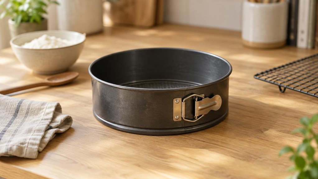 A photograph of a single springform cake tin resting on a light oak kitchen counter in a bright, modern home, framed in a wide 16:9 landscape composition. The tin is centered as the hero product, its matte dark metal body and clean latch detail rendered with realistic texture and subtle wear, suggesting quality and everyday use. Around it, a softly blurred scene hints at a lived-in baking space: a folded linen tea towel, a wooden spoon, a small bowl of flour, and a cooling ra