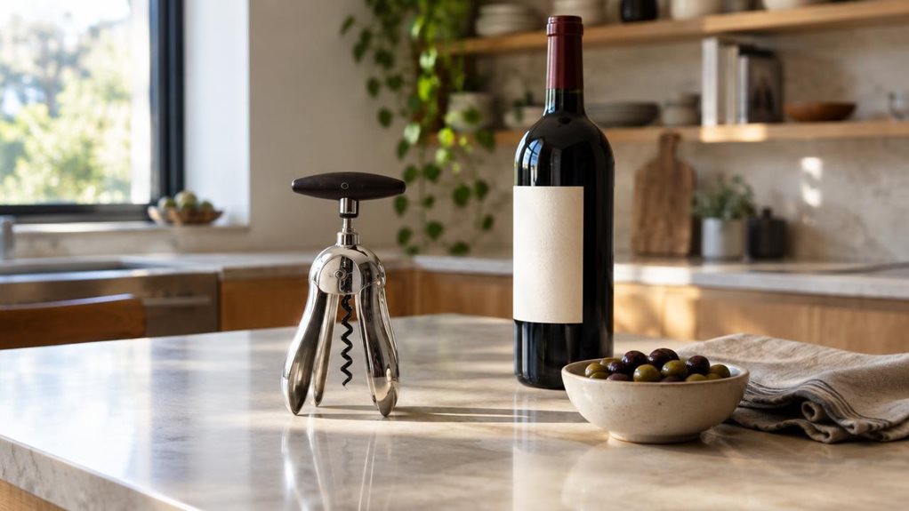 A photograph of a single sculptural corkscrew resting on a pale stone kitchen island beside an unopened bottle of red wine, in a horizontally composed 16:9 landscape scene. Its polished metal body and playful, rounded silhouette catch the window light, while the dark corkscrew handle adds a subtle contrast. A folded linen napkin and a small dish of olives sit nearby, suggesting a relaxed evening at home without making the scene feel staged. The kitchen has clean, modern lines