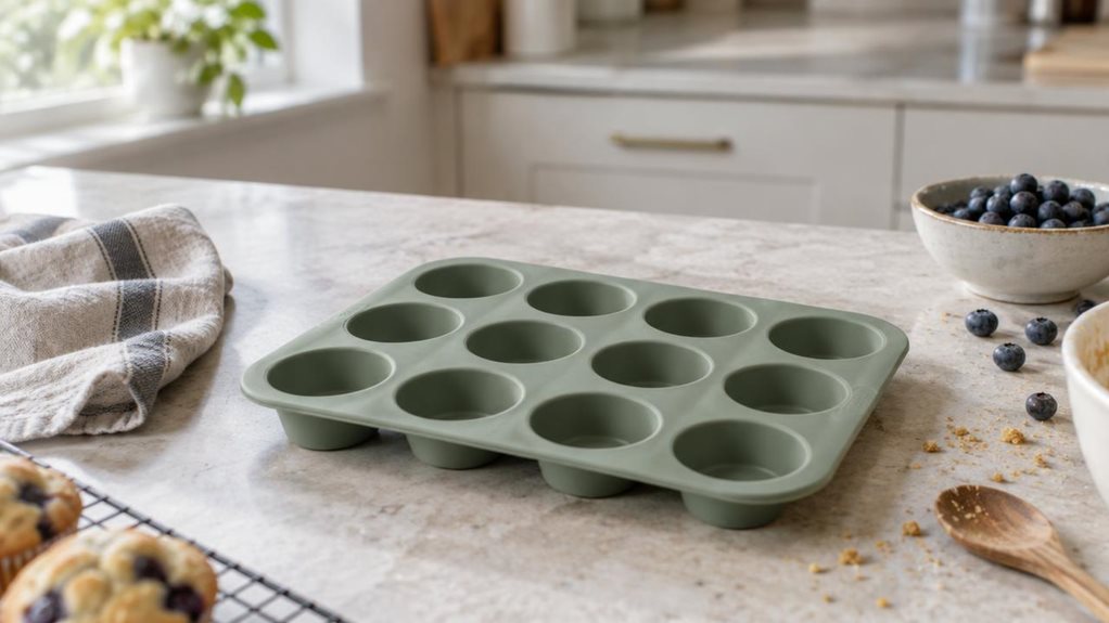A photograph of a single flexible silicone mini muffin mould resting on a pale stone kitchen countertop, composed as a horizontal 16:9 landscape scene. The mould is a muted sage green, with neat rows of small, rounded cups and a softly matte surface that catches the window light. It sits naturally beside a folded linen tea towel and a small ceramic bowl of blueberries, suggesting a home baking setting without feeling staged. A few crumbs and a wooden spoon add subtle everyday