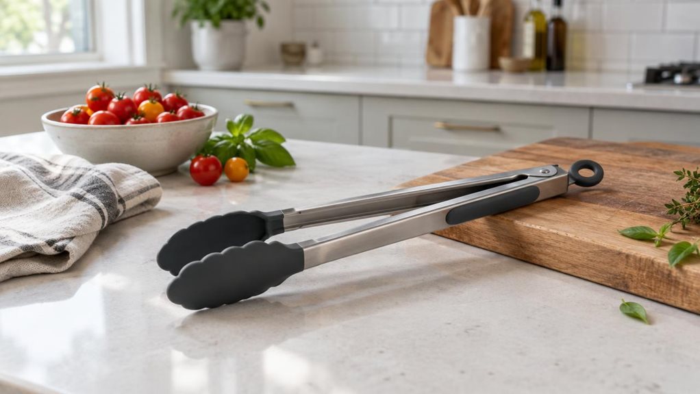 A photograph of a single pair of 39 cm silicone-tipped kitchen tongs resting naturally beside a wooden cutting board on a bright, modern kitchen counter. The tongs are the clear hero, shown in crisp detail with long stainless-steel arms, matte charcoal silicone tips, and a simple locking loop at the handle. Nearby, a folded linen tea towel, a small bowl of fresh cherry tomatoes, and a few herb leaves suggest everyday cooking without cluttering the scene. Soft daylight falls i