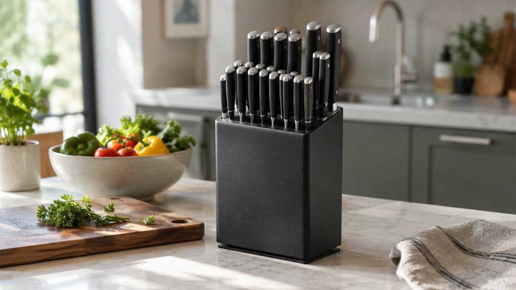 A photograph of a modern kitchen countertop scene in a horizontally composed 16:9 landscape frame, featuring a sleek 20-slot knife holder standing naturally beside a wooden cutting board, a ceramic bowl of fresh vegetables, and a folded linen towel. The knife holder is the clear hero of the image: matte black, clean-lined, and realistic, with subtle texture and multiple visible slots for kitchen knives. Soft morning light spills in from the side, creating gentle highlights on