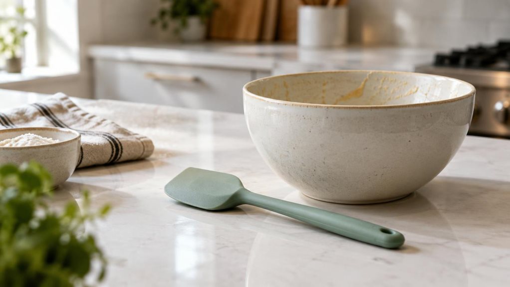A photograph of a single silicone spatula resting naturally beside a ceramic mixing bowl on a clean, modern kitchen counter. Its smooth, heat-resistant silicone head and slender handle are clearly visible, with subtle texture and realistic highlights. A folded linen towel and a small bowl of ingredients sit nearby, suggesting everyday cooking without showing anyone in action. The spatula is the unmistakable hero, casually placed as though noticed during a quiet moment in the 