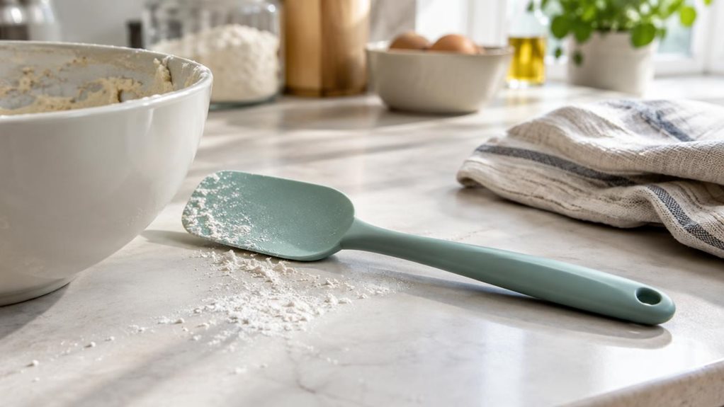 A photograph of a single flexible silicone spatula resting naturally beside a mixing bowl on a clean, sunlit kitchen counter, framed in a horizontal 16:9 landscape composition. The spatula is the clear hero, its smooth heat-resistant silicone head and sturdy handle shown in crisp detail, with a light dusting of flour and a folded linen towel nearby suggesting a recently finished baking session. A few understated kitchen essentials sit softly out of focus in the background, le