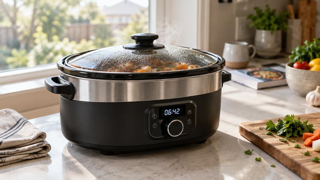 A photograph of a compact oval slow cooker resting on a quartz kitchen countertop, its brushed stainless steel lid reflecting soft daylight streaming in from a nearby window. The cooker sits slightly off-center within the frame, positioned near a stack of folded linen napkins and a wooden cutting board scattered with chopped herbs and vegetables. Steam gently rises from beneath the glass lid, hinting at a simmering stew inside, while condensation beads along the inner glass s