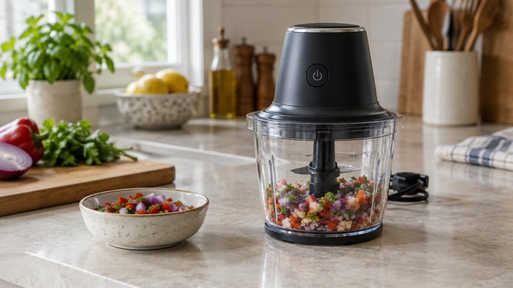 A photograph of a compact electric multi chopper resting naturally on a light stone kitchen counter, composed as a horizontal 16:9 landscape scene. The single appliance is the clear hero: a realistic, transparent chopping bowl with a fitted dark motor lid, subtle power button, and tidy cord tucked nearby, suggesting capable 400 W performance without any visible branding. A few chopped vegetables in a small ceramic dish and a wooden cutting board sit casually beside it, with f