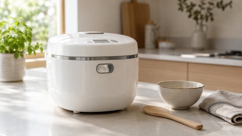 A photograph of a compact white rice cooker with subtle stainless-steel accents sitting naturally on a clean kitchen countertop in a modern, softly styled home. The scene is horizontally composed in a 16:9 landscape frame, with the cooker heroed in the foreground beside a wooden rice paddle, a small ceramic bowl, and a folded linen towel, suggesting everyday use without any staged action. Warm natural daylight spills in from a nearby window, creating gentle highlights on the
