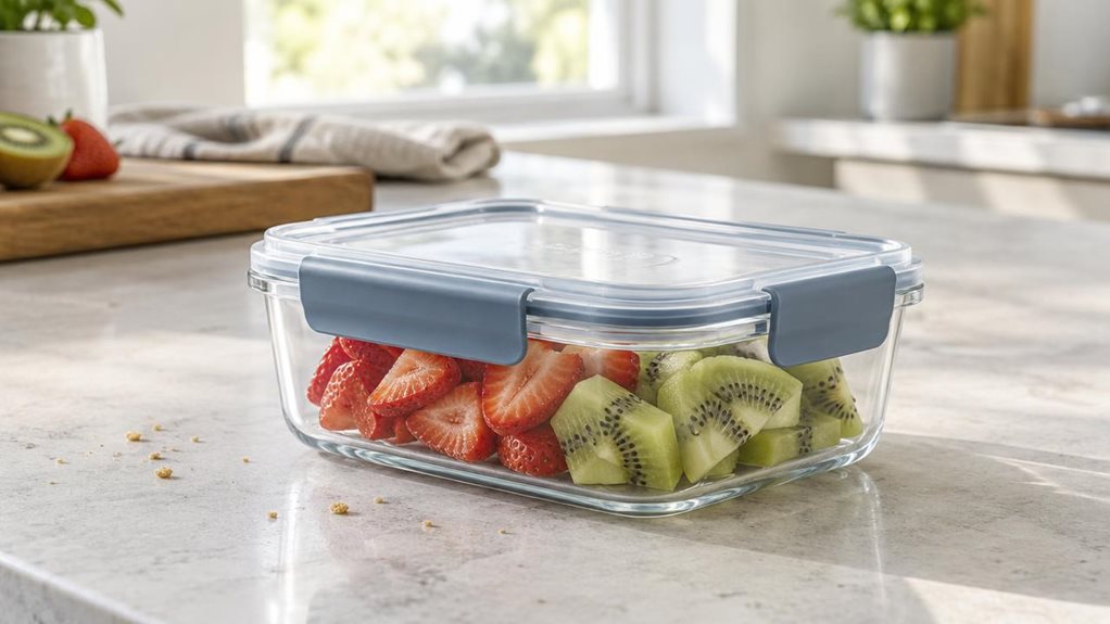 A photograph of a single clear rectangular food-storage container with a translucent lid and four sturdy blue-gray clips, resting naturally on a pale stone kitchen countertop. Inside, neatly arranged slices of fresh strawberries and kiwi add subtle color, with a few crumbs nearby suggesting everyday use. The container is the clear hero, shown at a three-quarter angle so its rounded corners, secure lid, and realistic reflections are visible. In the softly blurred background, a