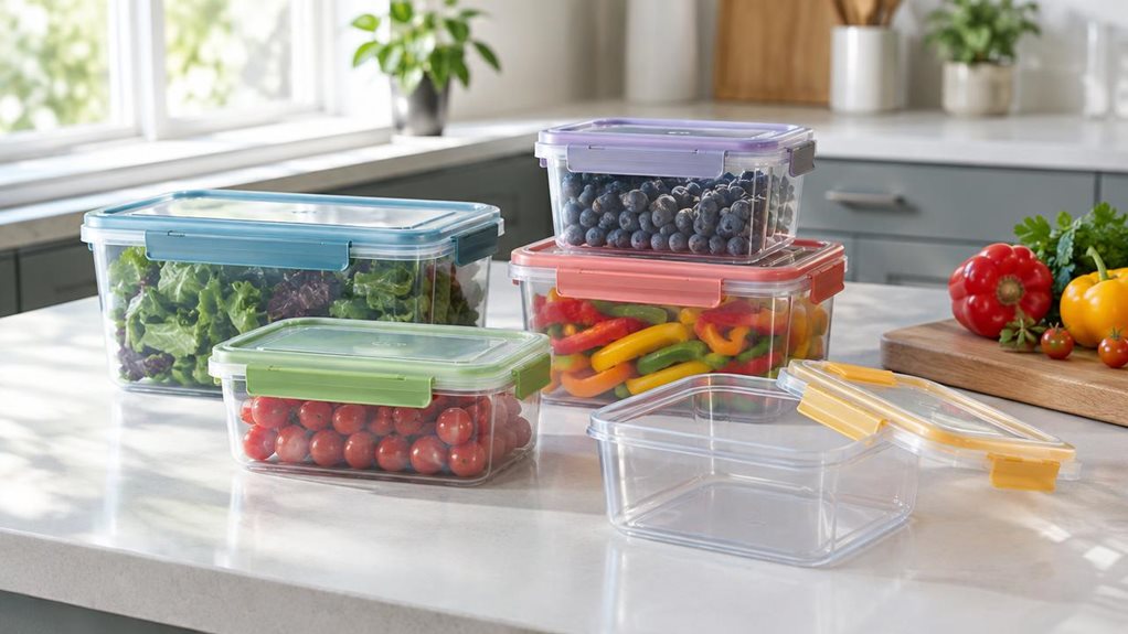 A photograph of a single five-piece food-storage container set arranged neatly on a bright, modern kitchen counter, composed horizontally in a 16:9 landscape frame. The clear containers have practical rectangular shapes and secure, colorful clip-lock lids, with one container slightly ajar to reveal its clean interior. They sit beside a wooden cutting board and a few fresh vegetables, suggesting everyday meal preparation without showing anyone in action. Soft natural daylight 