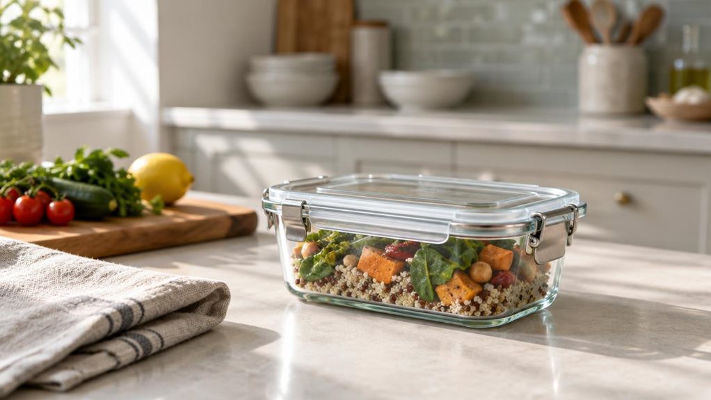 A photograph of a single clear glass food storage container with a snug clip-close lid, placed casually on a clean modern kitchen countertop in a horizontally composed 16:9 landscape scene. The container sits slightly off-center beside a folded linen napkin, a wooden cutting board, and a few fresh ingredients, suggesting a quiet everyday meal-prep moment rather than an arranged studio setup. Soft morning sunlight streams in from the left, creating gentle highlights on the gla