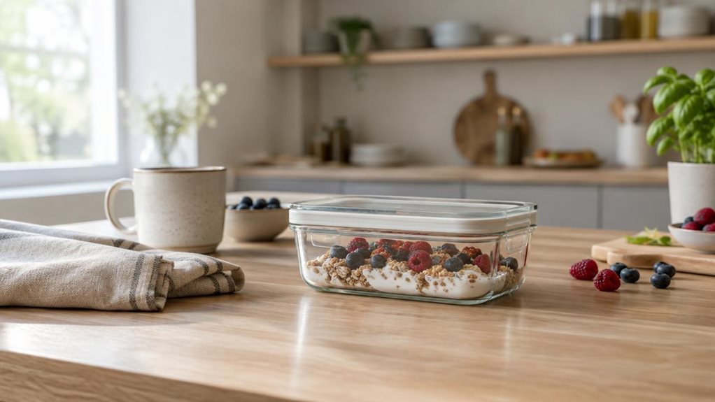 A photograph of a single modern glass food storage box resting naturally on a light oak kitchen counter in a horizontally composed 16:9 landscape scene. The box is shown in-situ as part of a calm, stylish breakfast-prep setting, with a neatly folded linen towel, a ceramic mug, and a few fresh ingredients softly arranged nearby. The transparent glass container has clean straight edges and a snug, minimalist lid, emphasizing practical design and everyday use. Natural morning li