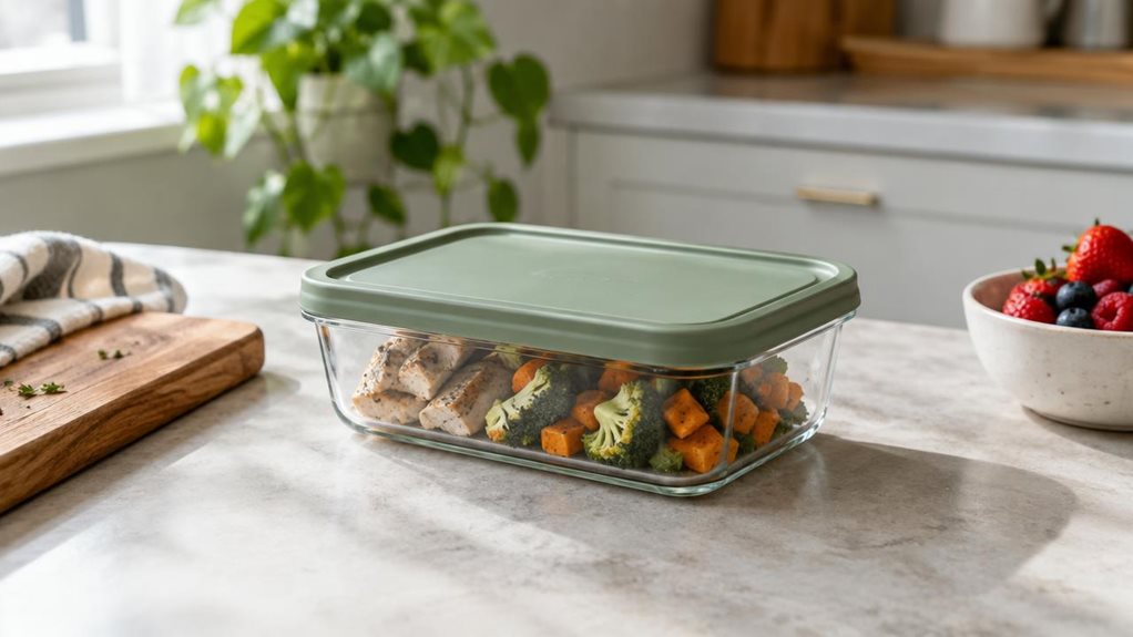 A photograph of a single clear food storage container with a muted sage-green lid, resting naturally on a light stone kitchen counter beside a wooden cutting board and a small bowl of fresh berries. The container is the hero of the horizontally composed, 16:9 landscape scene, shown at a slight angle so its crisp edges, secure-looking lid, and subtle transparency feel realistic and tactile. A few neatly stored leftovers are visible inside, suggesting everyday kitchen use witho