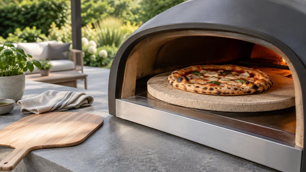 A photograph of a single round pizza stone resting inside an open outdoor pizza oven on a modern patio, composed horizontally in a 16:9 landscape frame. The stone is the clear hero, its pale, lightly textured surface holding a freshly baked pizza with a crisp, blistered crust and a few browned toppings. Nearby, a wooden peel and folded linen sit casually on a stone counter, suggesting a relaxed meal at home without showing anyone mid-action. The setting feels candid and obser