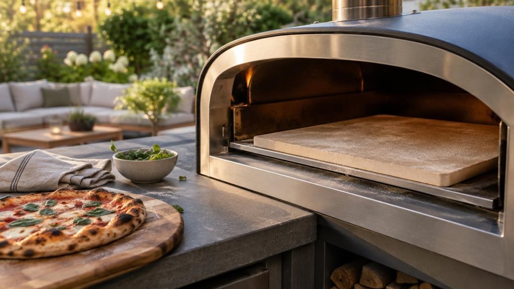 A photograph of a single rectangular pizza stone resting inside an open outdoor pizza oven on a modern patio, composed as a horizontal 16:9 landscape scene. The warm, pale stone is the clear hero, its lightly textured surface showing subtle flour dust and gentle signs of use, with a golden-brown pizza set nearby on a wooden board. A folded linen cloth and a small bowl of fresh herbs sit casually on the counter, suggesting a relaxed evening meal without distracting from the st