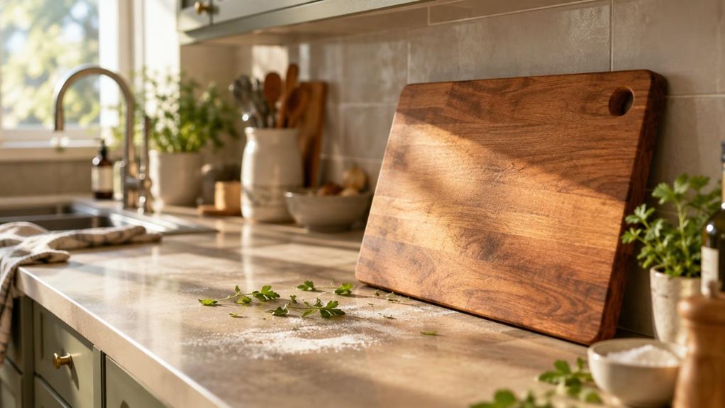 A photograph of a single Exitoso chopping board resting on a sunlit kitchen countertop, captured in a horizontal 16:9 composition. The board is a rich, warm-toned hardwood, its surface showing faint knife marks that hint at genuine use. It leans casually against a backsplash, angled slightly, as though just set down after slicing fresh vegetables. Scattered nearby are a few stray herb leaves and a light dusting of flour, suggesting recent culinary activity without appearing s