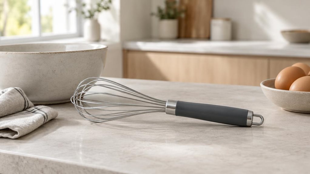 A photograph of a sleek 12-inch semi-automatic whisk resting casually in a modern kitchen on a light stone countertop, shown in a horizontally composed 16:9 landscape frame. The whisk sits beside a ceramic mixing bowl, a folded linen towel, and a small dish of eggs, suggesting an everyday baking moment without any action taking place. Soft natural morning light pours in from a nearby window, casting gentle shadows and subtle highlights across the polished metal and matte hand