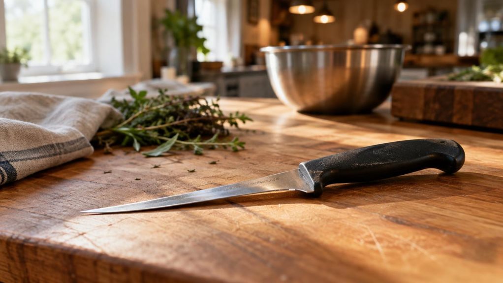 A photograph of a wooden butcher's block countertop in a home kitchen, bathed in soft morning light streaming through a nearby window. Resting diagonally across the block is a boning knife, its narrow, flexible blade catching a gentle highlight along the edge, showing subtle reflections that hint at its sharpness. The handle, dark and ergonomically contoured, shows faint signs of grip wear, suggesting regular use. Beside the knife, slightly out of focus, sits a folded linen k