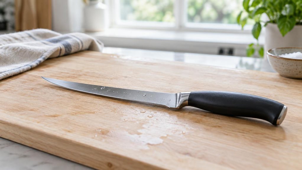 A photograph of a single 20.3 cm fish fillet knife resting naturally on a pale wooden cutting board in a clean, modern home kitchen. Its long, narrow, gently curved stainless-steel blade and dark ergonomic handle are clearly visible, with subtle reflections along the metal and a few tiny water droplets suggesting it has recently been rinsed. A folded linen towel and a small ceramic dish sit nearby, while a softly blurred window and hints of greenery create a calm, lived-in ba