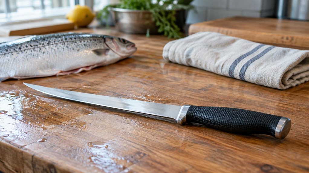 A photograph of a single fish-filleting knife resting diagonally on a clean, well-used fishmonger’s workbench, its long, narrow stainless-steel blade and textured ergonomic handle clearly visible. A freshly cleaned fish, a folded linen towel, and a small wooden cutting board sit nearby, suggesting the knife’s natural setting without any action or clutter. The composition is horizontal, 16:9, with the knife as the unmistakable hero in the foreground and a softly blurred, order