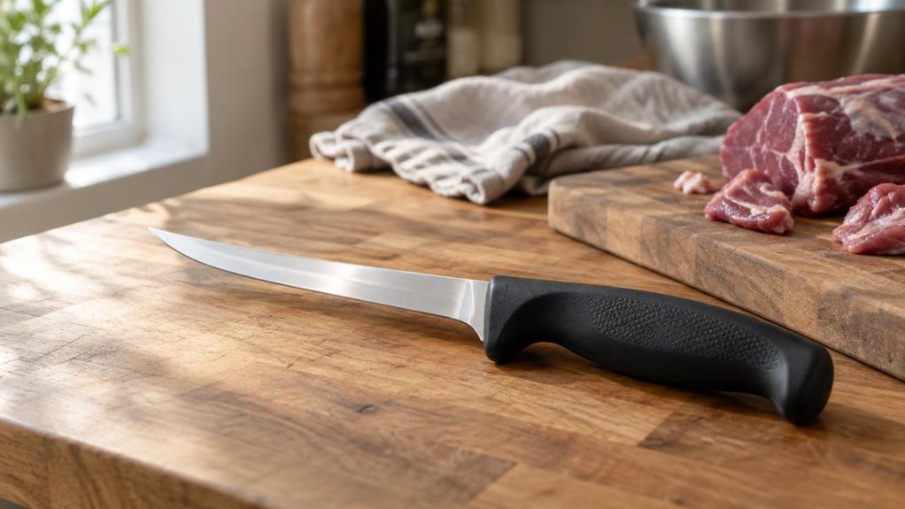 A photograph of a single F. DICK Ergogrip boning knife with its stiff 10 cm blade resting on a wooden butcher's block in a home kitchen. The knife lies diagonally across the scene, its black ergonomic handle catching soft daylight from a nearby window, while the polished steel blade reflects a faint glow. Beside it, a few trimmed cuts of raw meat sit on a cutting board, slightly out of focus, hinting at recent use without appearing staged. A linen kitchen towel is loosely fol