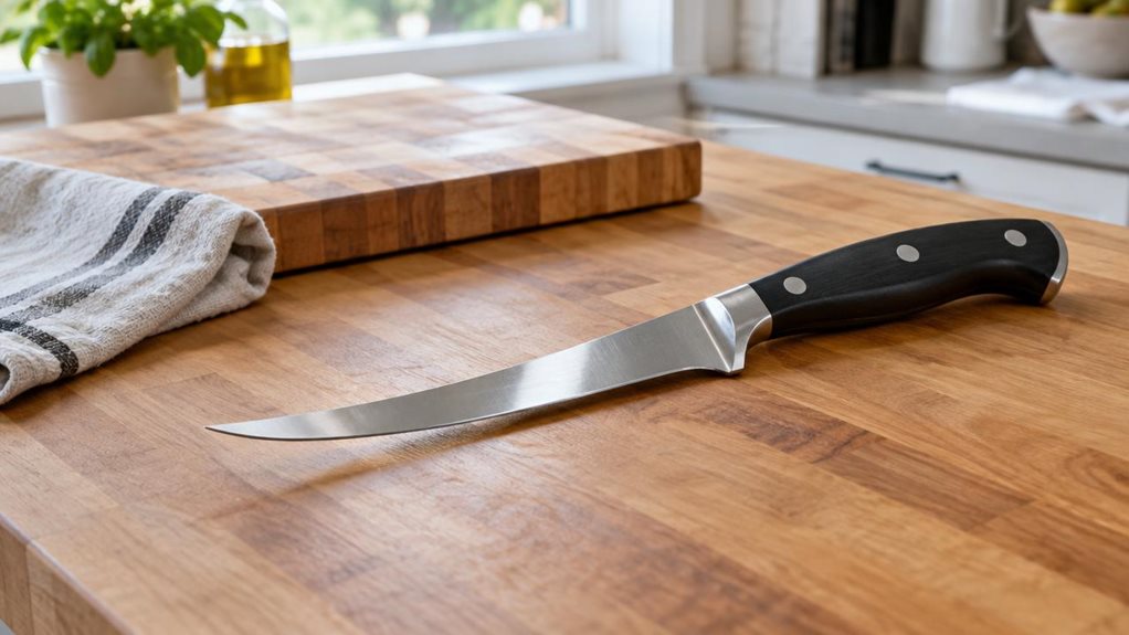 A photograph of a single thick, curved boning knife resting naturally on a clean butcher-block counter in a modern home kitchen, composed as a horizontal 16:9 landscape scene. The knife is the clear hero: its gently curved stainless-steel blade catches a soft strip of window light, while the sturdy, ergonomic dark handle sits in crisp focus. Nearby, a folded linen towel and a simple wooden cutting board suggest everyday use without making the scene feel staged. The camera obs