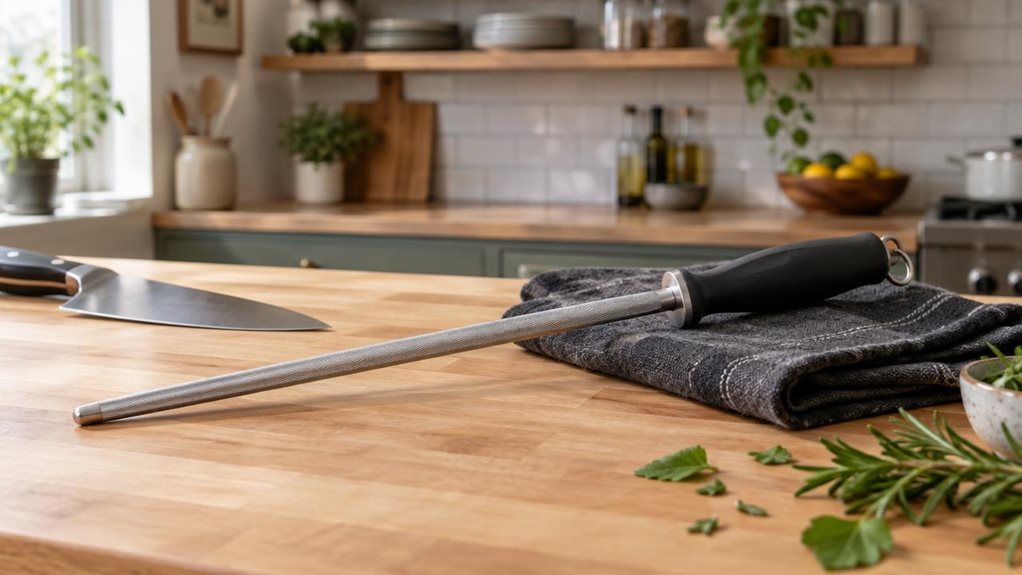 A photograph of a single regular-cut sharpening steel resting naturally on a pale wooden butcher-block counter in a calm, modern home kitchen. The steel lies diagonally across a folded charcoal-gray kitchen towel, its long, finely textured metal rod and simple dark handle clearly visible, with no branding or lettering. Nearby, a chef’s knife and a few fresh herb leaves sit casually on the counter, suggesting the tool’s everyday place in a working kitchen without showing anyon