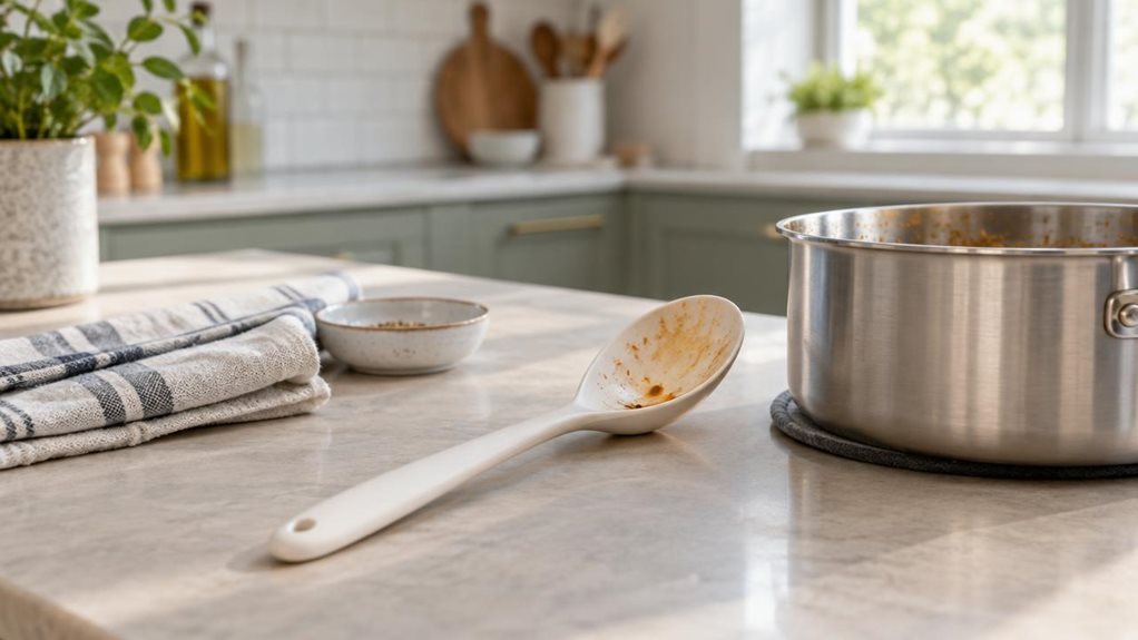 A photograph of a single white cooking spoon resting naturally beside a saucepan on a clean, modern kitchen counter. The spoon is the clear hero, its smooth handle angled toward the foreground and its rounded bowl lightly marked with a few traces of sauce, suggesting everyday use without showing any action. A folded linen tea towel and a small ceramic dish sit nearby, adding subtle domestic detail without competing for attention. In the softly blurred background, pale cabinet