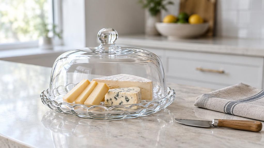 A photograph of a single clear glass cheese dish resting on a pale stone kitchen island, composed horizontally in a 16:9 landscape frame. The dish has a broad, gently scalloped base and a transparent domed lid with a small rounded handle; a few neatly arranged slices of cheese sit inside, making the piece feel naturally at home in a bright, modern kitchen. A folded linen napkin and a simple cheese knife nearby add quiet context without competing with the product. The scene fe