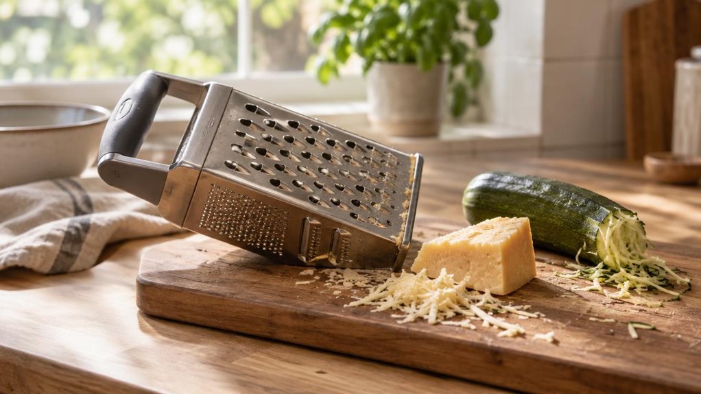 A photograph of a stainless steel box grater resting diagonally on a wooden cutting board atop a sunlit kitchen countertop. The grater's four-sided textured surfaces catch the natural daylight streaming in from a nearby window, highlighting the fine ridges and sharp perforations designed for cheese and vegetables. Beside it, a wedge of pale yellow cheese sits partially grated, with delicate shavings scattered across the board, and a single zucchini rests nearby, slightly shre