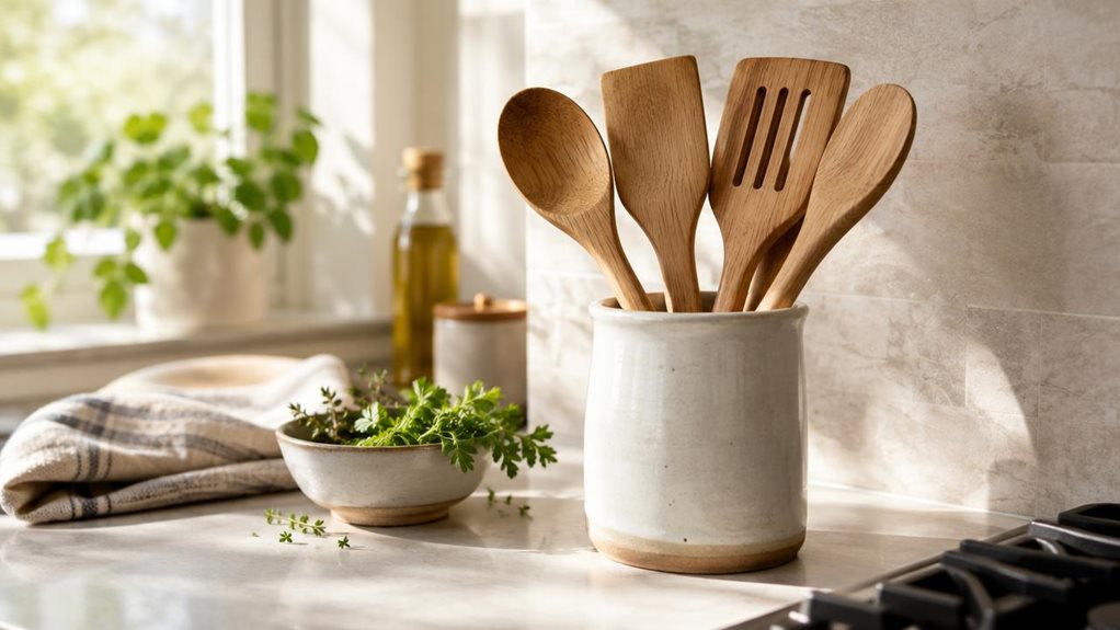 A photograph of a single wooden cooking utensil set arranged in a ceramic crock on a bright, modern kitchen counter, composed horizontally in a 16:9 landscape frame. The set includes a few natural wood tools—such as a spoon, spatula, and slotted turner—with smooth handles and subtle grain, grouped neatly so their shapes are clearly visible. The crock sits near a pale stone backsplash, with a folded linen towel and a small bowl of fresh herbs nearby, adding a lived-in, everyda