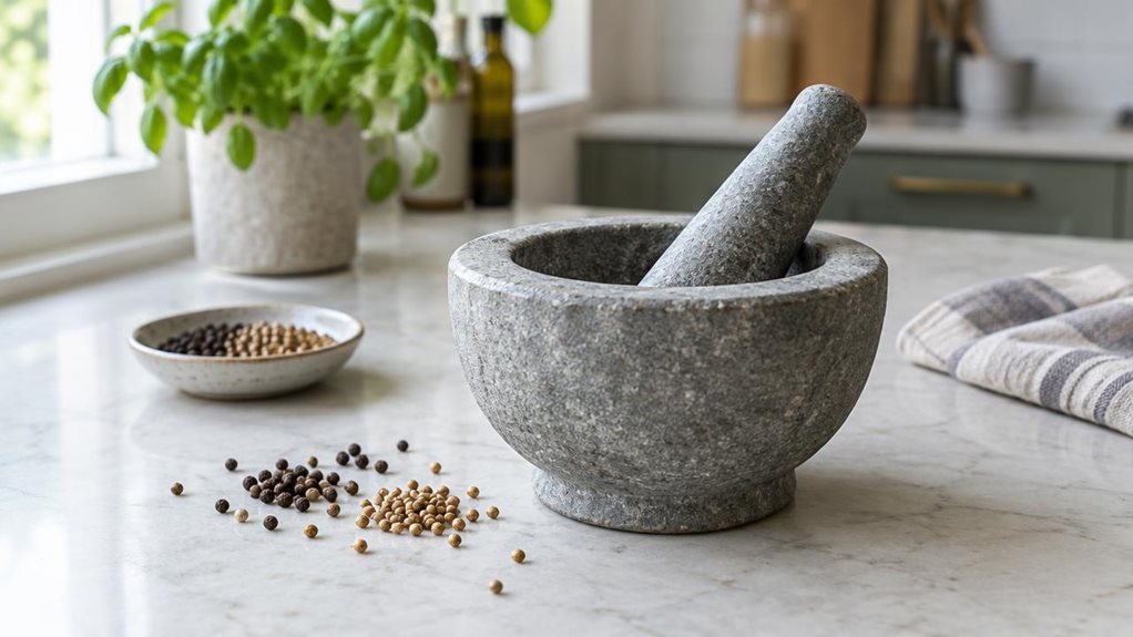 A photograph of a single stone pestle and mortar resting on a pale, lightly veined kitchen countertop, composed as a 16:9 landscape scene. The sturdy mortar is the clear hero, its softly textured gray surface and rounded bowl catching gentle daylight from a nearby window; the pestle rests naturally inside at a slight angle. A few whole peppercorns and coriander seeds are scattered nearby, with a small dish of spices and a folded linen towel set farther back for a lived-in, un