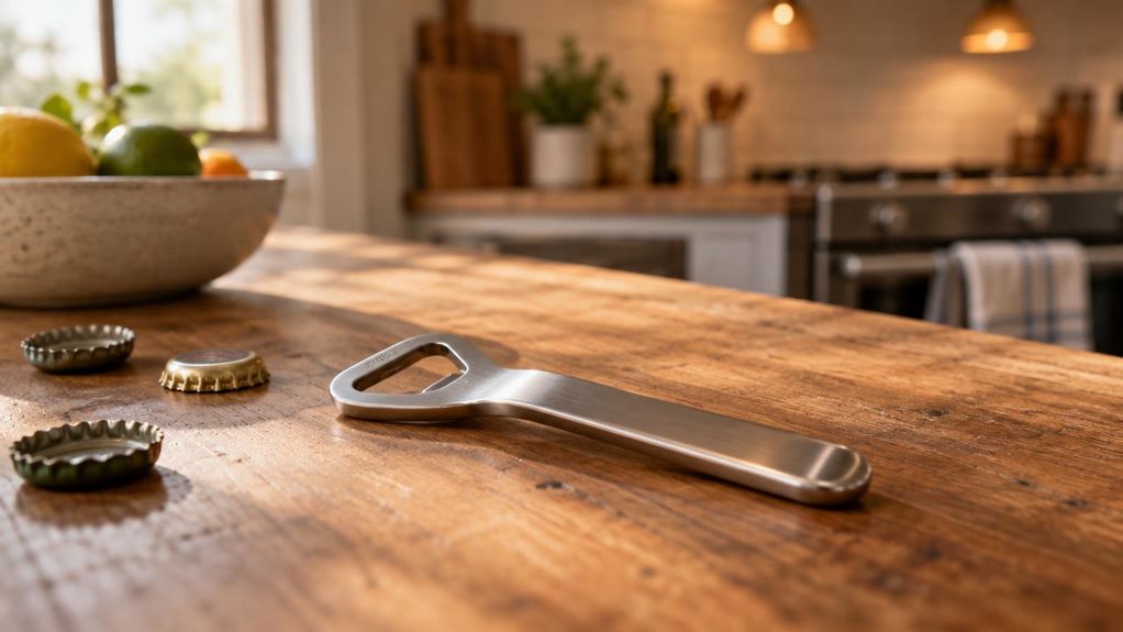 A photograph of a stainless steel bottle opener resting on a rustic wooden kitchen countertop, captured in a horizontal 16:9 landscape composition. The opener's sleek, minimalist design catches soft afternoon sunlight streaming through a nearby window, creating gentle highlights along its curved metal edges. A few scattered bottle caps lie casually beside it, slightly out of focus, suggesting recent use. In the background, a softly blurred kitchen scene unfolds—a ceramic frui