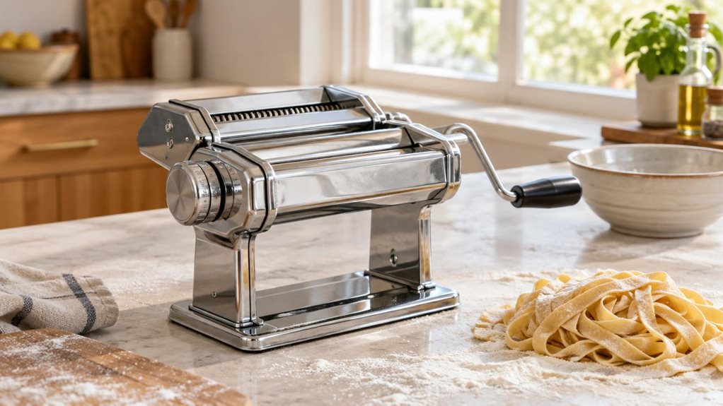 A photograph of a stainless-steel pasta machine resting on a pale stone kitchen counter in a bright, contemporary home kitchen, composed horizontally in a 16:9 landscape frame. The machine is the clear hero, shown at a natural three-quarter angle with its polished rollers, adjustment dial, and clamp in crisp detail. A small mound of fresh pasta and a light dusting of flour sit nearby, suggesting a recent cooking session without showing anyone mid-action. In the softly blurred