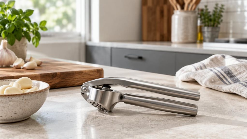 A photograph of a single stainless steel garlic press resting casually on a light stone kitchen countertop in a modern, sunlit home, framed in a horizontal 16:9 landscape composition. The press is the clear hero of the scene, positioned near a wooden cutting board, a small bowl of peeled garlic cloves, and a linen tea towel, suggesting a real cooking moment without showing any action. Natural window light falls softly across the brushed metal surface, highlighting its clean l
