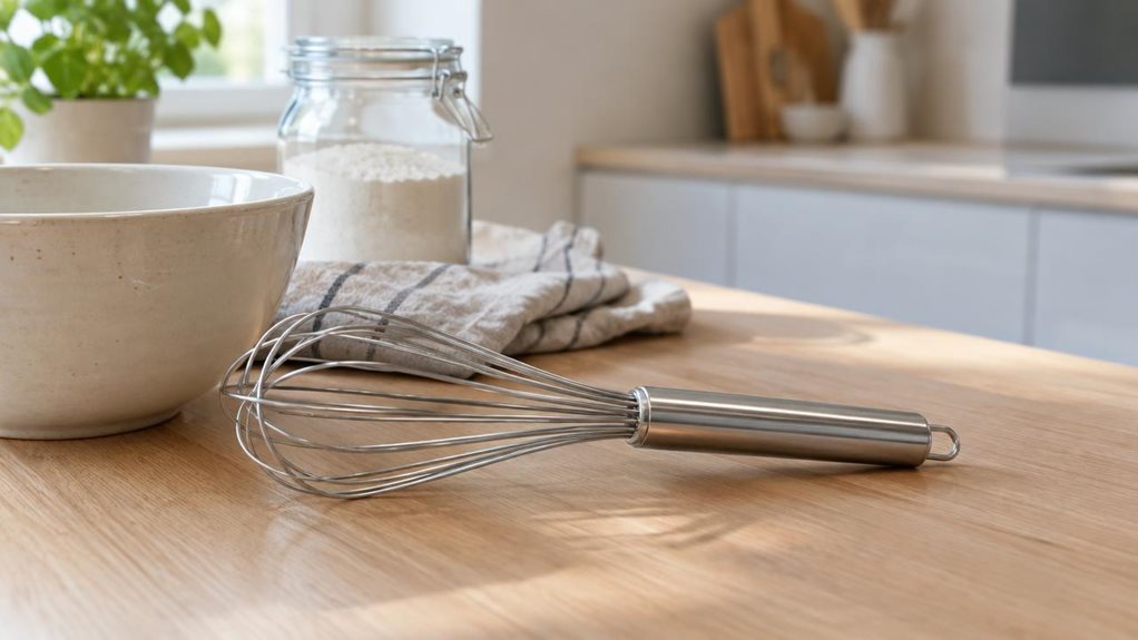 A photograph of a single stainless steel balloon whisk resting casually on a light oak kitchen counter in a bright, modern home kitchen, captured in a horizontal 16:9 landscape composition. The whisk is heroed in the foreground, lying beside a ceramic mixing bowl, a folded linen towel, and a small glass jar of flour, suggesting quiet everyday baking rather than an active cooking scene. Soft natural daylight from a nearby window creates gentle highlights along the polished wir