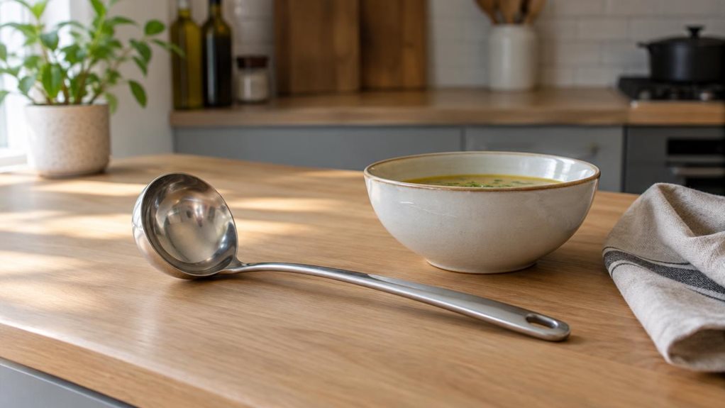 A photograph of a single stainless steel ladle resting casually beside a ceramic soup bowl on a light oak kitchen counter, captured in a horizontally composed 16:9 landscape frame. The ladle is the clear hero of the scene, shown in-situ as part of a calm, modern home kitchen with matte cabinetry, a neutral backsplash, and a softly folded linen towel nearby. Natural daylight streams in from a window off-frame, creating gentle highlights along the polished metal and subtle shad