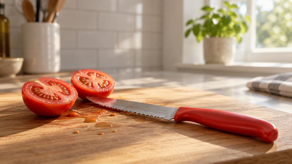 A photograph of a single tomato knife resting on a wooden cutting board in a sunlit kitchen, its serrated blade catching soft morning light streaming through a nearby window. The knife's bright red handle contrasts against the natural wood grain, positioned diagonally across the frame beside two freshly sliced tomatoes, their juicy interiors visible and glistening. A few loose seeds and a light smear of tomato juice on the board suggest recent use without appearing staged mid