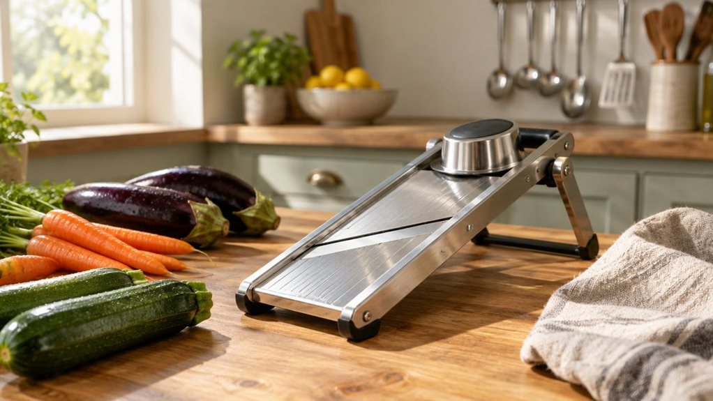 A photograph of a stainless steel vegetable slicer resting on a rustic wooden kitchen countertop, bathed in warm natural light streaming from a nearby window. The slicer's polished surface reflects soft morning sunlight, highlighting its sleek, minimalist design with a sharp, precise blade embedded in a sturdy frame. Scattered around the slicer are freshly washed vegetables—vibrant orange carrots, deep purple eggplants, and crisp green zucchinis—waiting to be sliced, suggesti