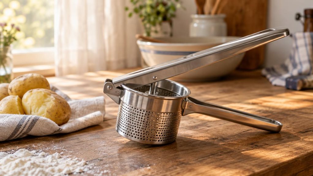 A photograph of a stainless steel potato and spätzle press resting on a rustic wooden kitchen countertop, its polished metal surface catching soft, natural light streaming in from a nearby window. The press sits at a slight angle, as though recently set down after use, with a few boiled potatoes nearby on a linen cloth and a small pile of flour dusting the counter's edge. In the background, softly blurred, are hints of a cozy kitchen: a ceramic mixing bowl, a wooden spoon lea