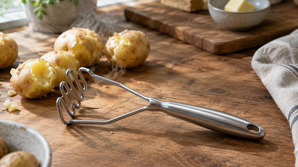 A photograph of a stainless steel potato masher with an integrated potato fork design resting on a rustic wooden kitchen countertop, positioned diagonally across the lower third of the frame. The masher's wavy wire head catches soft, diffused daylight streaming in from a nearby window, creating gentle highlights along its brushed metal surface and ergonomic handle. Scattered nearby are a few freshly boiled potatoes, their skins slightly cracked, alongside a linen kitchen towe